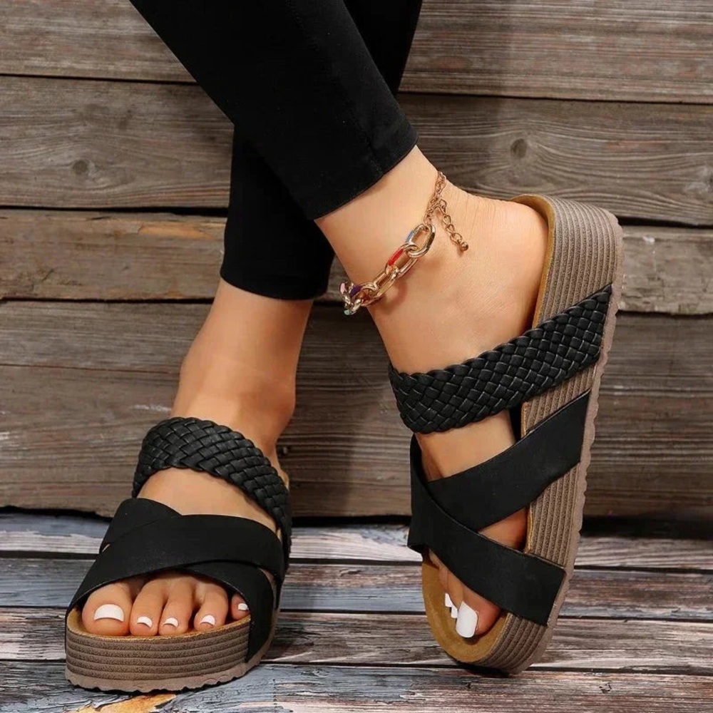 Black Woven Strap Women's Sandals